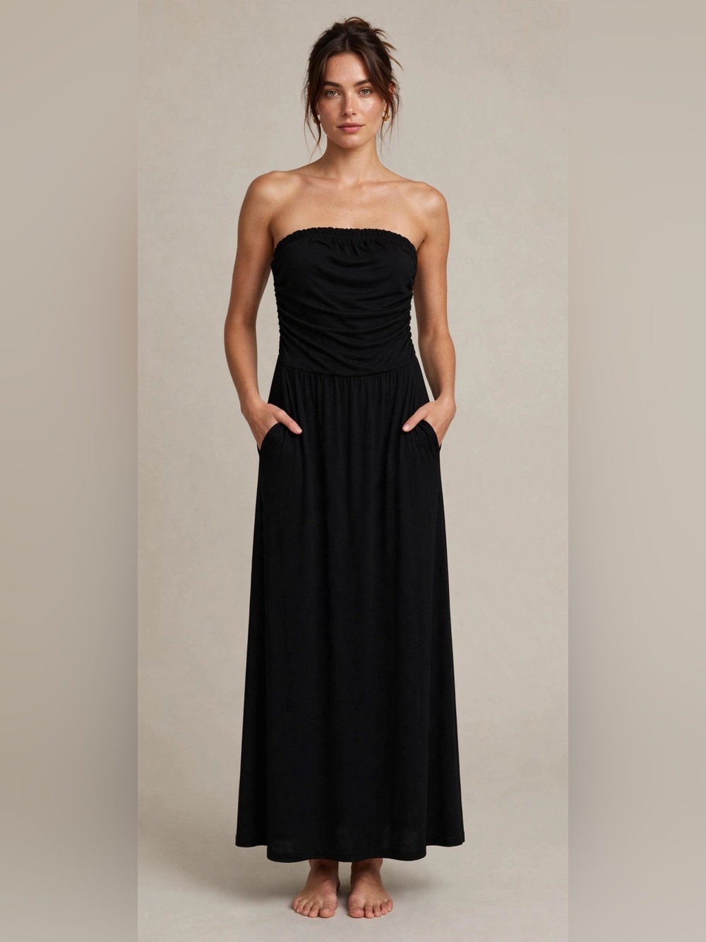 Classic Strapless Black Maxi Dress w/ Pockets